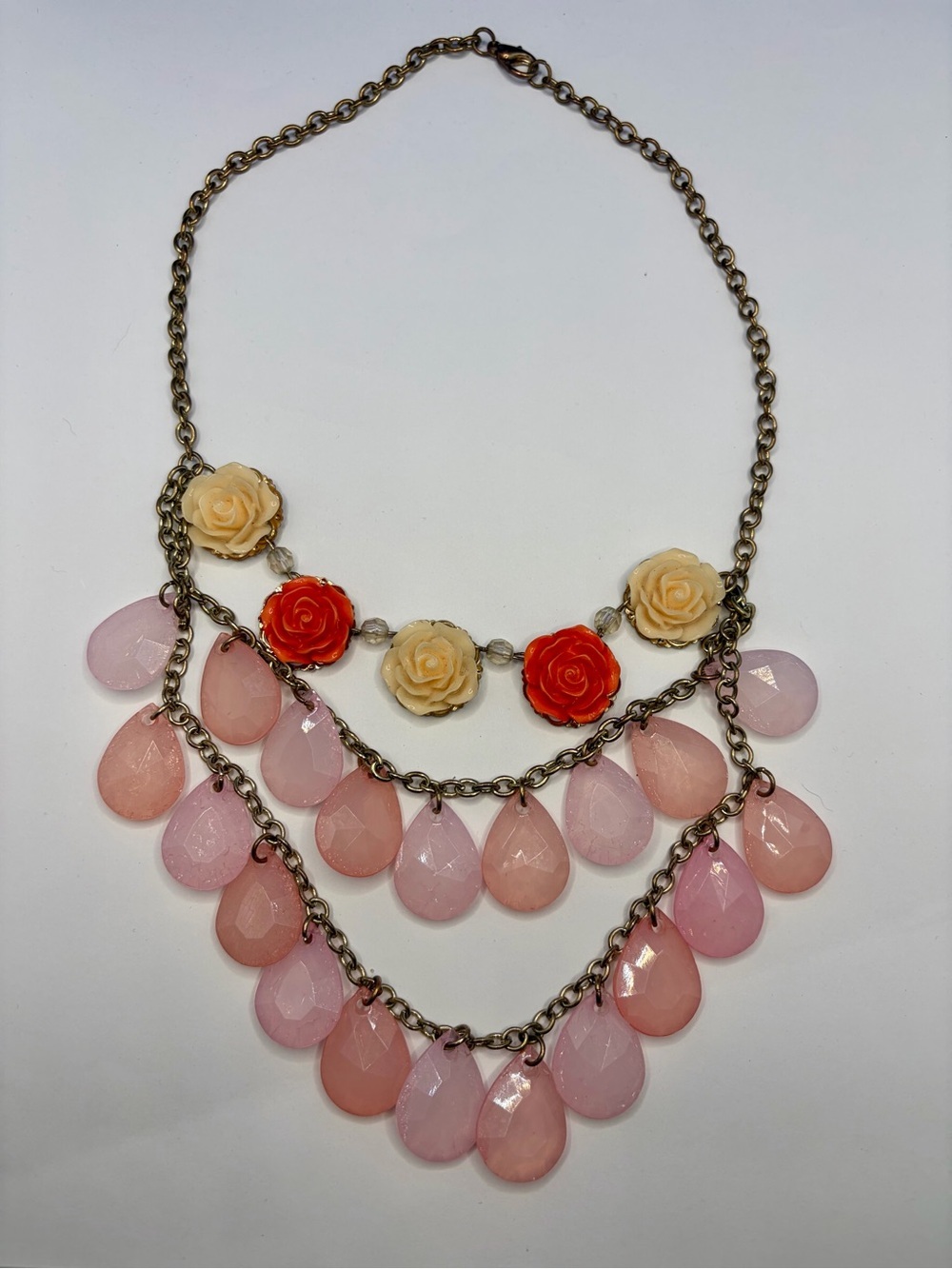 Floral Statement Bib Necklace | Pink Faceted Teardrops & Rose Cabochons